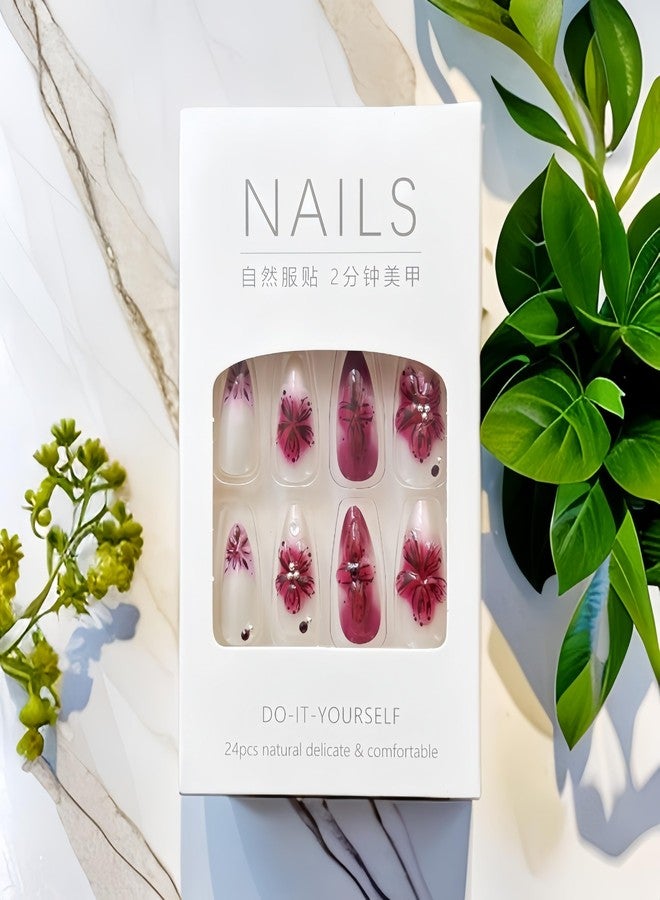 SHUXILIN 24Pcs Burgundy Gradient Flower Press on Nails Medium Almond Fake Nails with 3D Pearl Design Ombre False Nails Glue on Nails Artificial Hibiscus Acrylic Nail Floral Stick on Nail for Women - Image 5